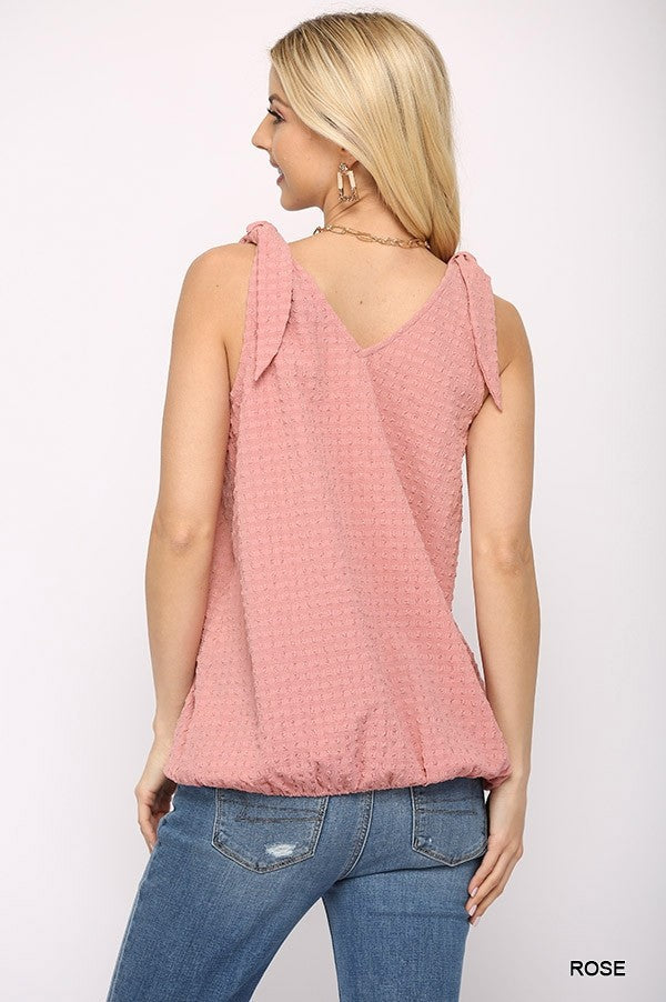 Solid Textured And Sleeveless Surplice Pink Top With Shoulder Tie Shirts & Tops jehouze 