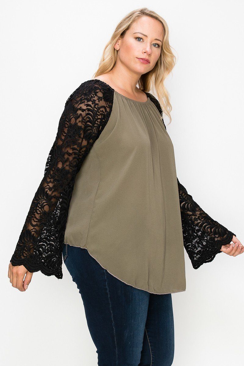 Solid Top Featuring Flattering Lace Bell Sleeves Shirts & Tops jehouze 