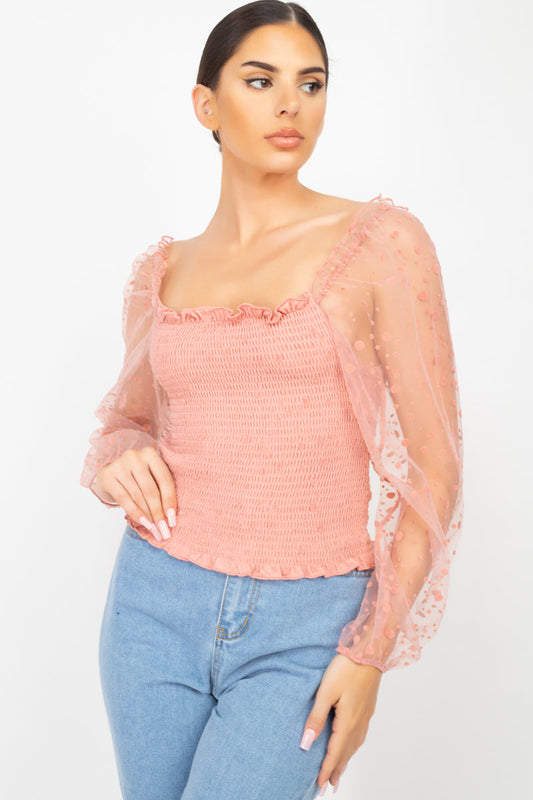 Square Neck Dusty Rush Pink Smocking Top Shirts & Tops jehouze 