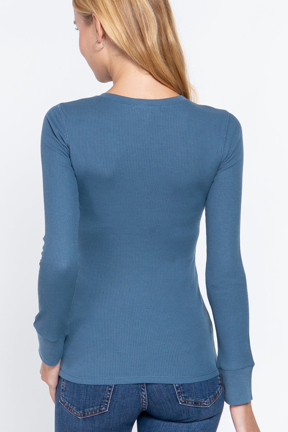 Steel blue Long Sleeve Waffle Knit Stretch Cotton Henley Thermal Top Shirt Shirts & Tops jehouze 