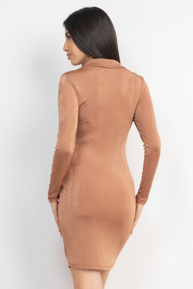 Tan Brown Ruched Front Velvet Long Sleeve Button Down Bodycon Dresses Dresses jehouze 