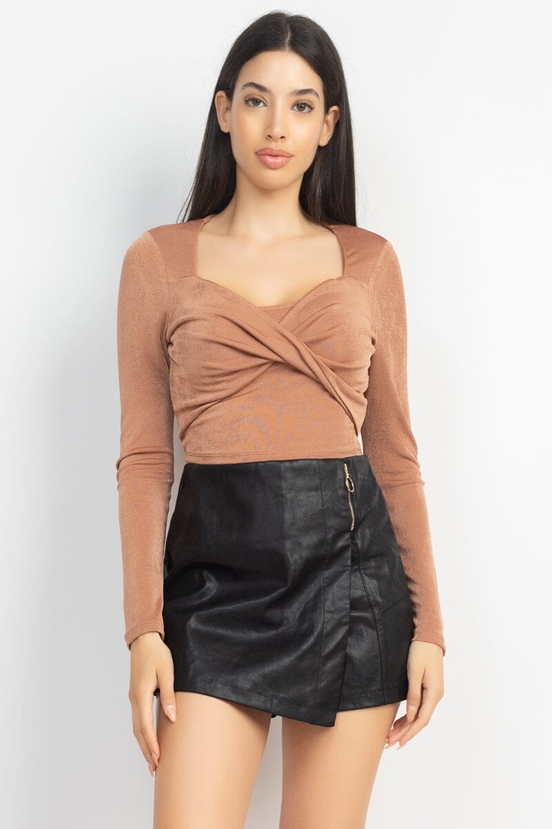 Tan Brown Twisted Velvety Long Sleeve Crop Top Shirts & Tops jehouze 