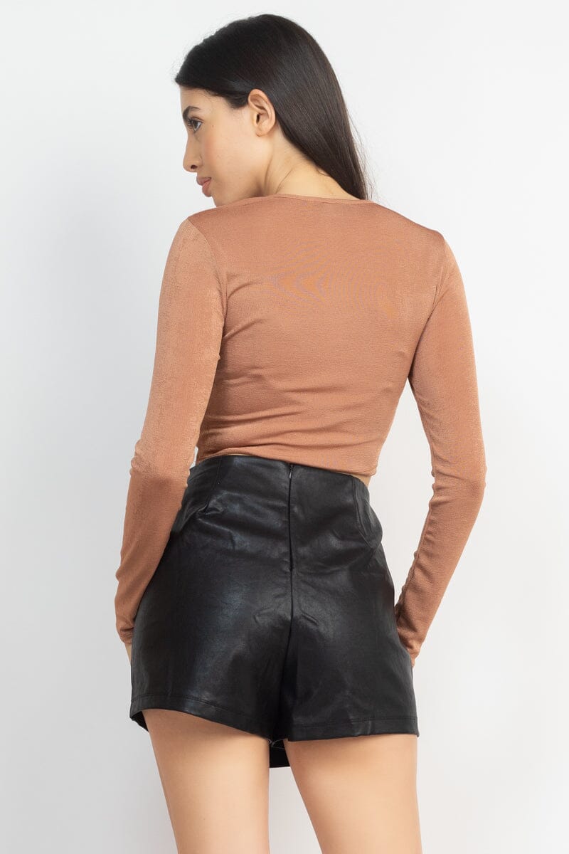 Tan Brown Twisted Velvety Long Sleeve Crop Top Shirts & Tops jehouze 
