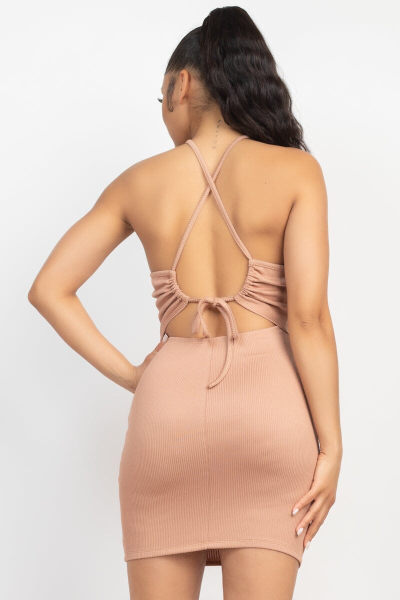 Tan knit ribbed casual Halter neck tie back bodycon mini dress – JeHouze.US