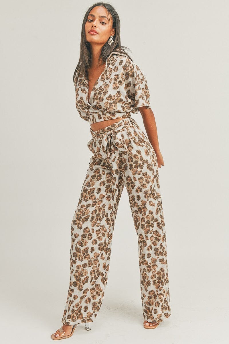 Taupe Brown leopard print crop top and wide leg pant outfit sets Matching Sets jehouze 