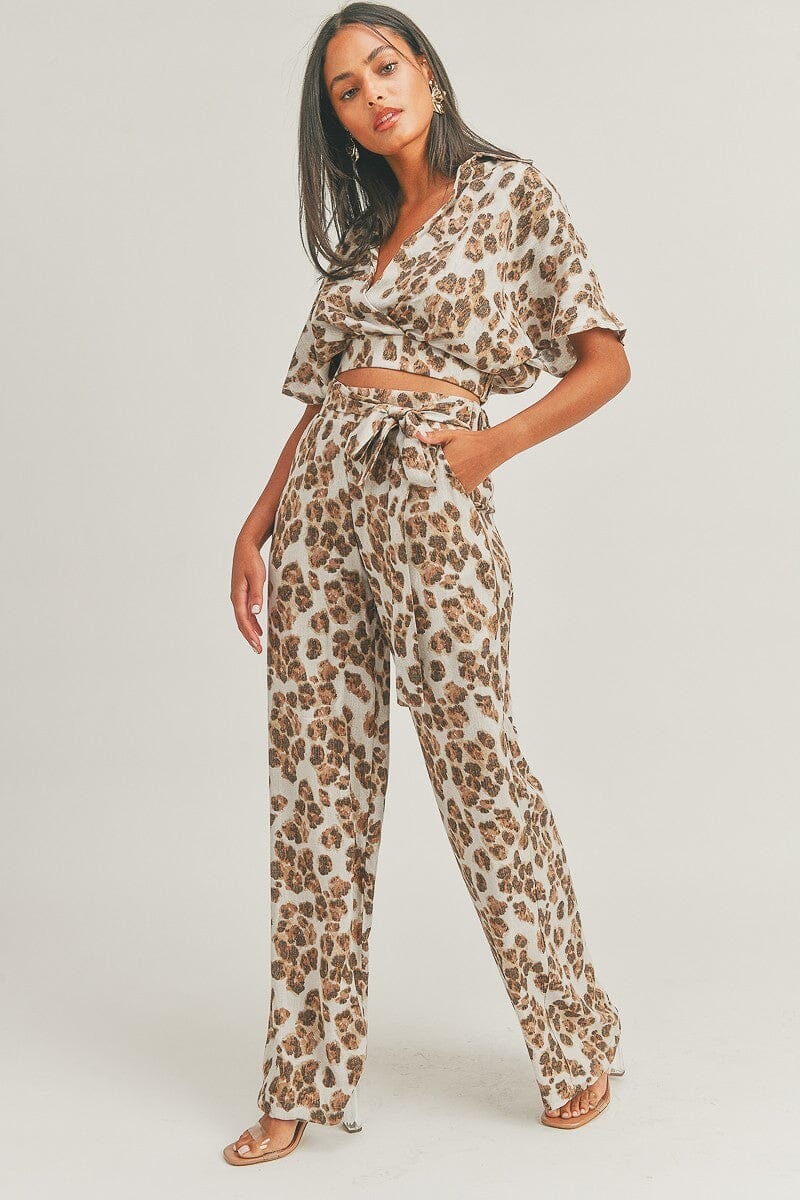 Taupe Brown leopard print crop top and wide leg pant outfit sets Matching Sets jehouze 