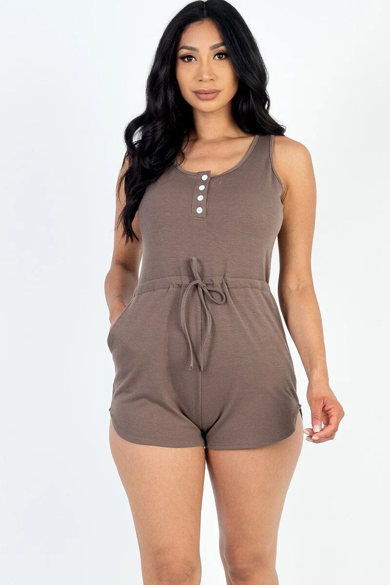 Taupe Sleeveless Drawstring Waist Button Tank Romper Jumpsuits & Rompers jehouze 