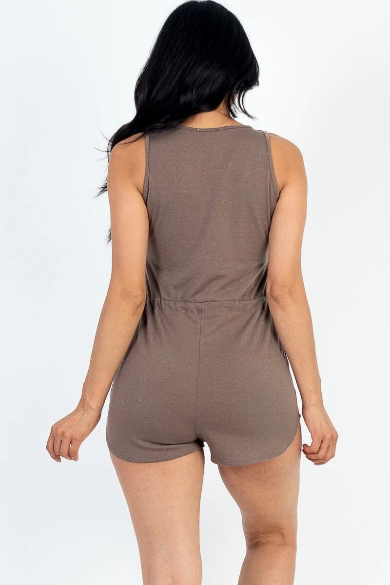 Taupe Sleeveless Drawstring Waist Button Tank Romper Jumpsuits & Rompers jehouze 