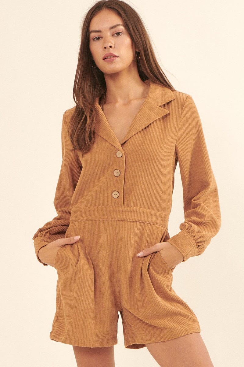 Taupe Woven Corduroy Lapel Collar Elastic Waist Long Sleeves Side Pocket Relaxed Fit Romper jehouze 