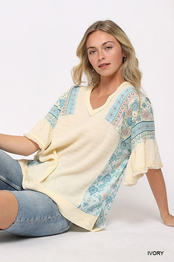 Texture Knit And Print Mixed Hi Low Hem Ivory Top Shirts & Tops jehouze 