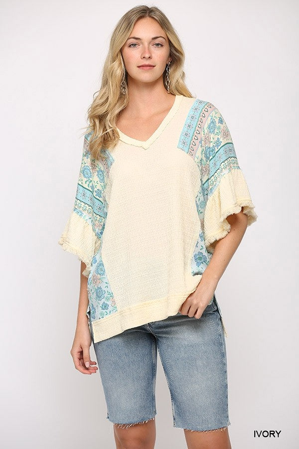 Texture Knit And Print Mixed Hi Low Hem Ivory Top Shirts & Tops jehouze 