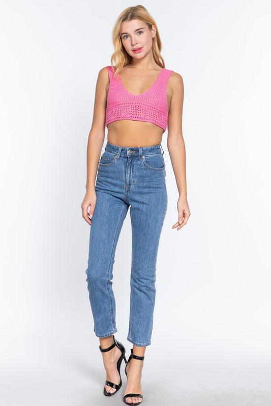 Textured Crop Sweater Tank Pink Top Shirts & Tops jehouze 