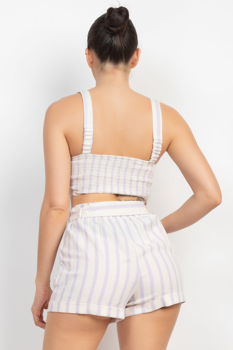Tie-front White Lavender Striped Crop Top & Belted Shorts Set Matching Sets jehouze 