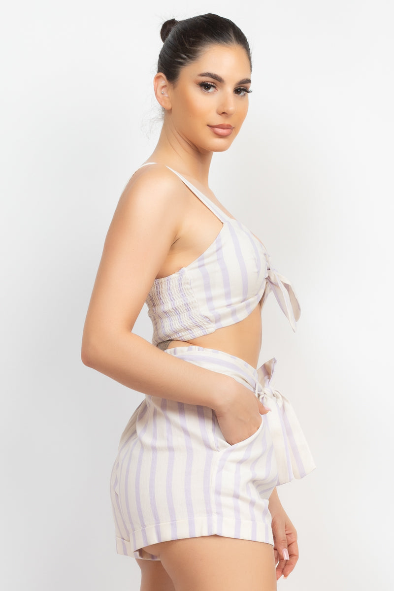 Tie-front White Lavender Striped Crop Top & Belted Shorts Set Matching Sets jehouze 