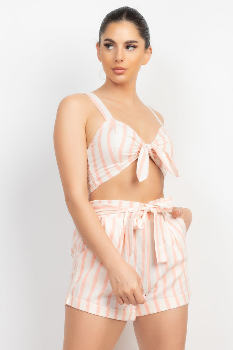 Tie-front White light coral Striped Crop Top & Belted Shorts Set Matching Sets jehouze 