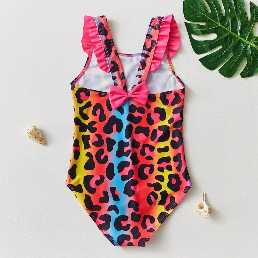 Toddler Girl One Piece Swimsuit Elegant Sunsuit Ruffled Swimwear Bathing Suits Kid's swimwear jehouze Colorful Leopard 3-4 yrs 