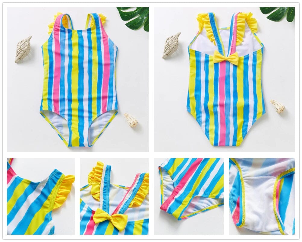 Toddler Girl One Piece Swimsuit Elegant Sunsuit Ruffled Swimwear Bathing Suits Kid's swimwear jehouze Colorful Stripe 3-4 yrs 