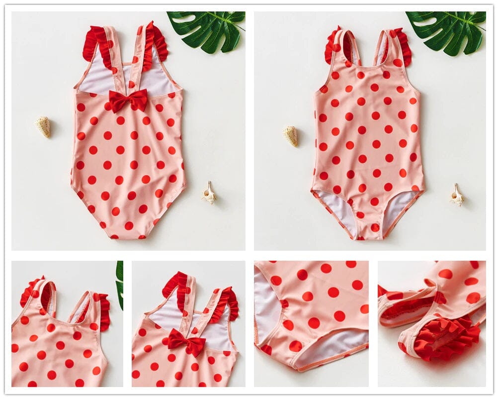 Toddler Girl One Piece Swimsuit Elegant Sunsuit Ruffled Swimwear Bathing Suits Kid's swimwear jehouze Red Polka Dot 3-4 yrs 