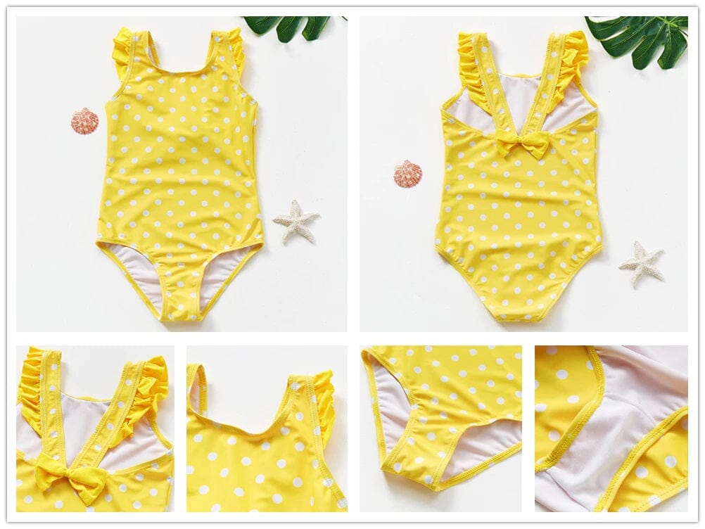 Toddler Girl One Piece Swimsuit Elegant Sunsuit Ruffled Swimwear Bathing Suits Kid's swimwear jehouze Yellow Polka Dot 3-4 yrs 