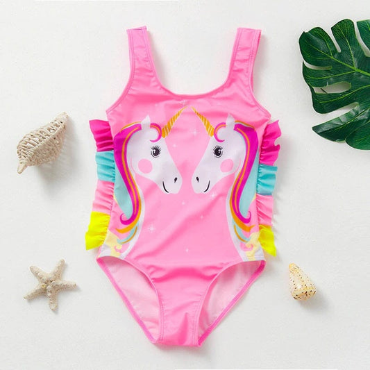 Toddler Girl One Piece Unicorn Swimsuit Elegant Sunsuit Ruffled Swimwear Bathing Suits Kid's swimwear jehouze Pink 3-4 yrs 