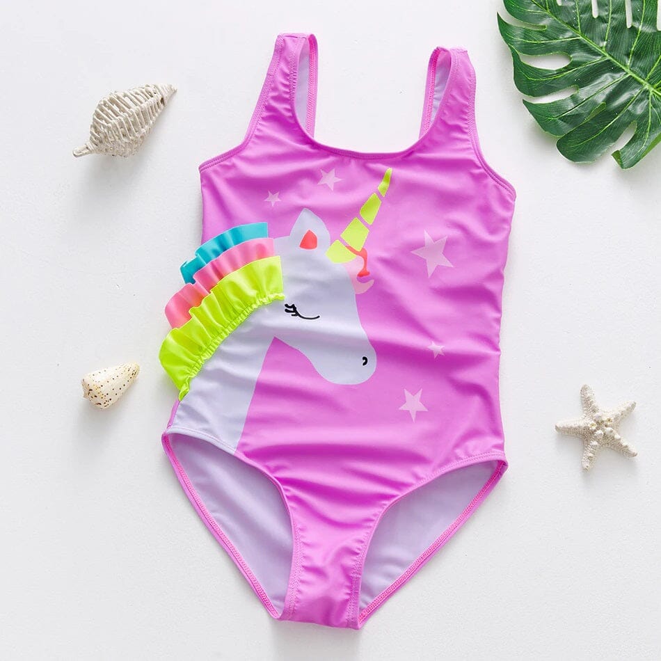 Toddler Girl One Piece Unicorn Swimsuit Elegant Sunsuit Ruffled Swimwear Bathing Suits Kid's swimwear jehouze Purple 3-4 yrs 