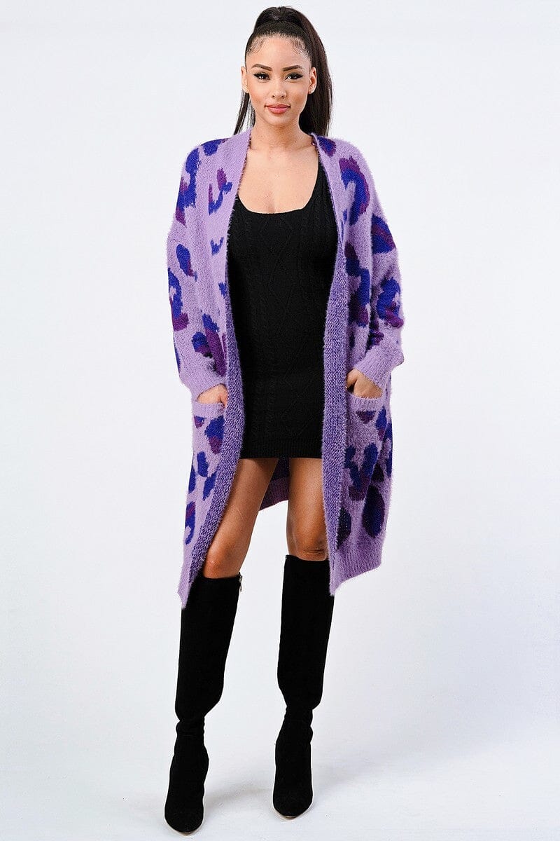 Ultra Violet Purple Leopard Angora Long Sleeve Open Front Sweater Oversized Cardigan jehouze 
