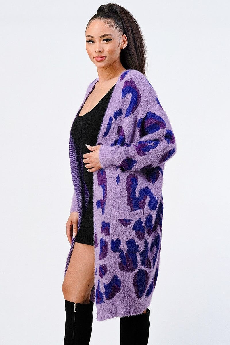 Ultra Violet Purple Leopard Angora Long Sleeve Open Front Sweater Oversized Cardigan jehouze 