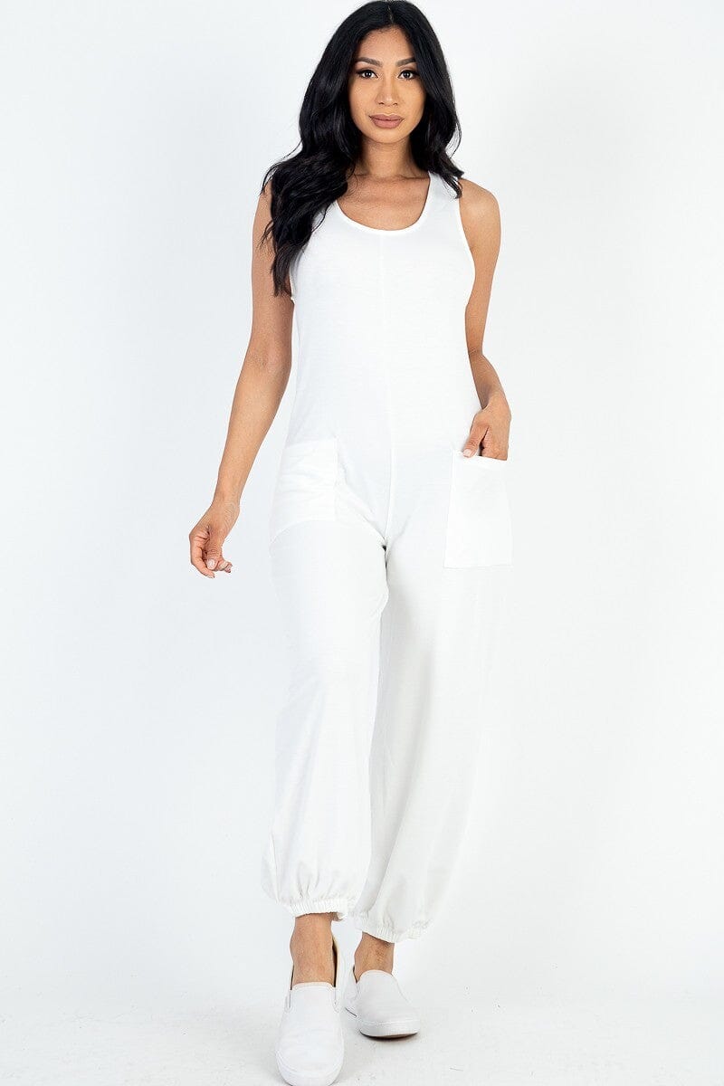 White Casual Solid French Terry Sleeveless Scoop Neck Front Pocket Jumpsuit Jumpsuits & Rompers jehouze 
