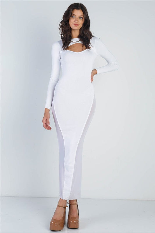 White Cutout Bust Mesh Side Detail Round Neck Long Sleeve Bodycon Maxi Dress jehouze 