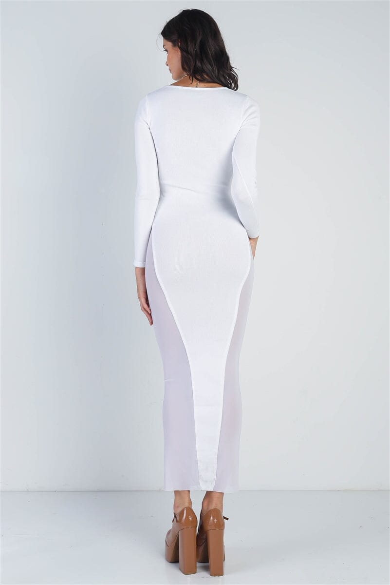 White Cutout Bust Mesh Side Detail Round Neck Long Sleeve Bodycon Maxi Dress jehouze 