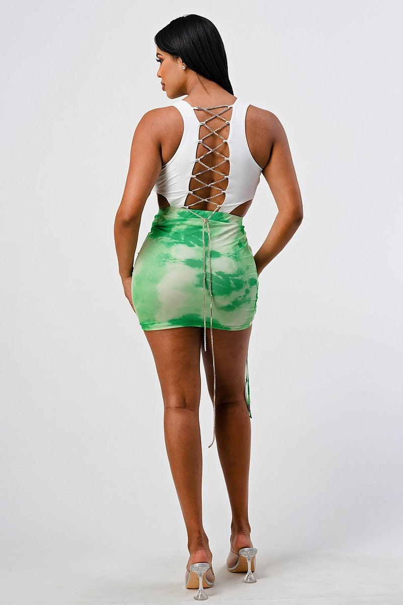 White Green Sleeveless Top Open Back With Bodycon Tie Dye Ruched Mini Dress Dresses jehouze 