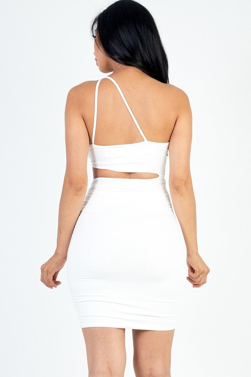 White One Shoulder Cut-out Front Ruched Bodycon Mini Dress Dresses jehouze 