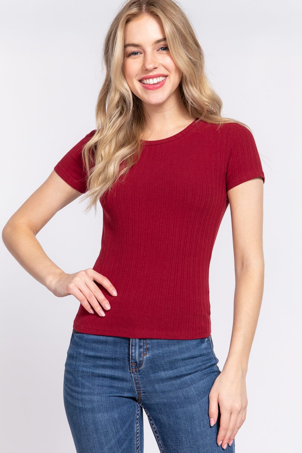Wine Red Basic Casual Short Sleeve Crew Neck Variegated Rib Knit Top Shirts & Tops jehouze 