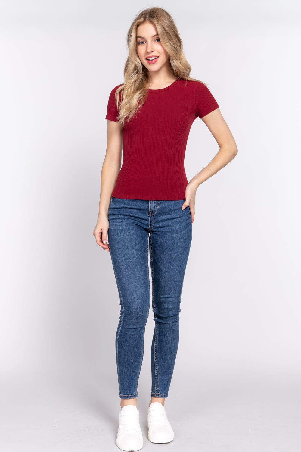 Wine Red Basic Casual Short Sleeve Crew Neck Variegated Rib Knit Top Shirts & Tops jehouze S 