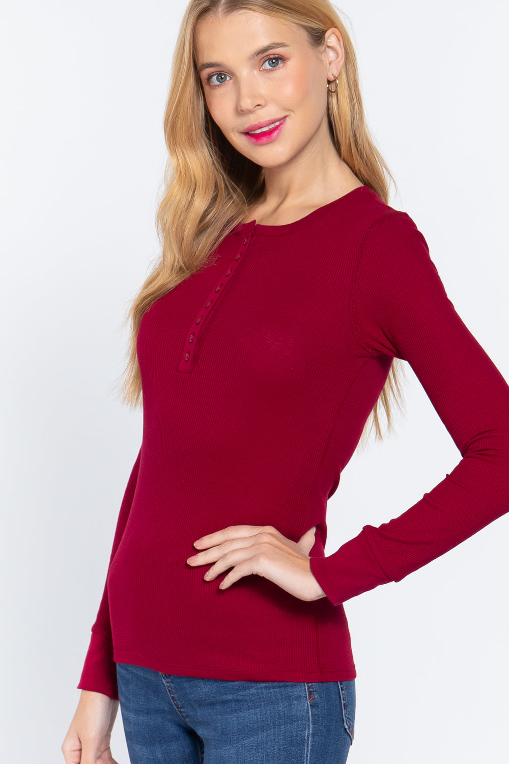 Wine Red Long Sleeve Waffle Knit Stretch Cotton Henley Thermal Top Shirt Shirts & Tops jehouze 