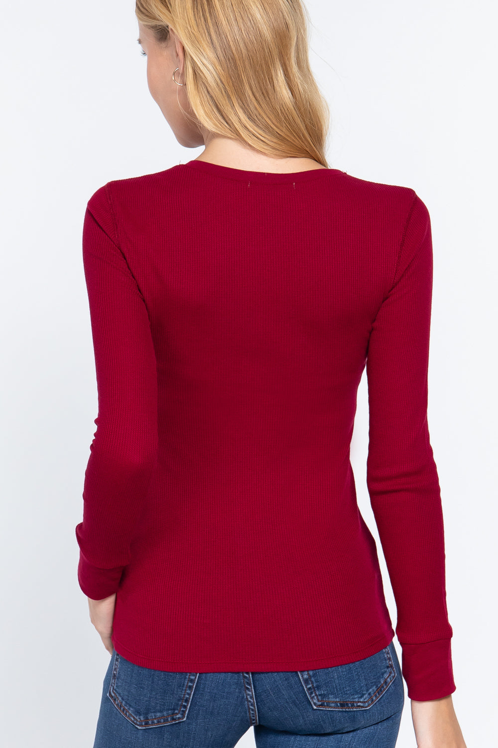 Wine Red Long Sleeve Waffle Knit Stretch Cotton Henley Thermal Top Shirt Shirts & Tops jehouze 