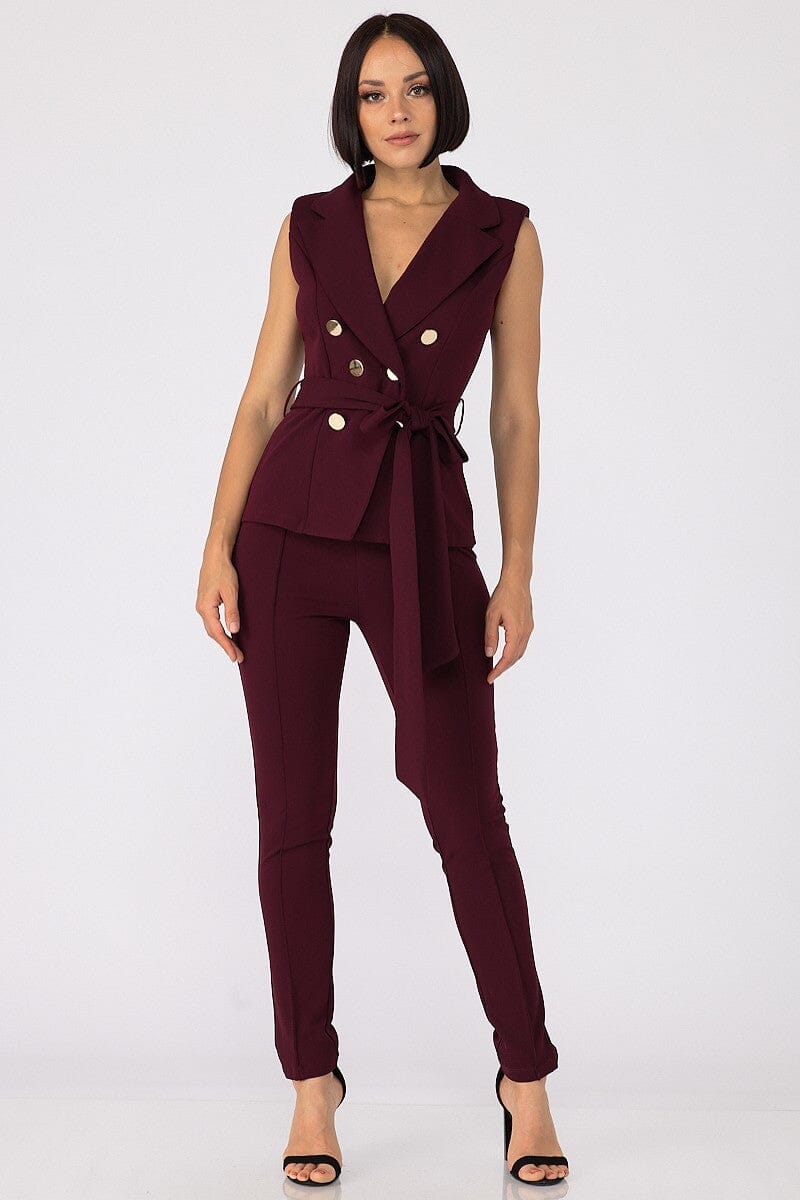 Wine Red Sleeveless Vest Blazer Tie Belt and skinny pant outfit sets Business suit jehouze 
