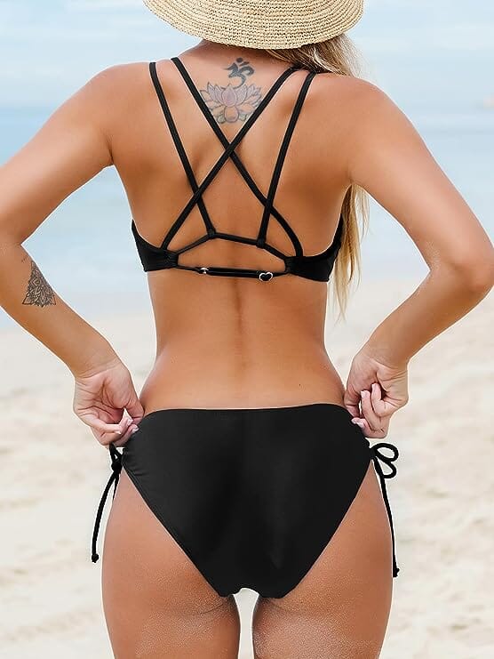 Women 2 pc Crisscross Back Strappy Side with Double Spaghetti Straps Bikini Set Swimwear Swimwear jehouze 
