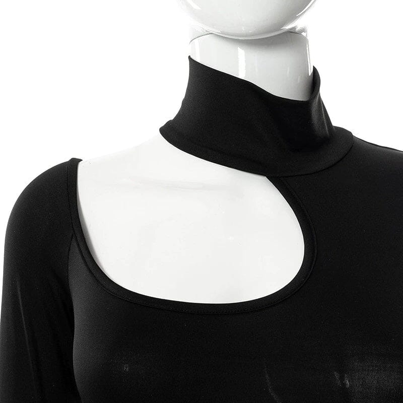 Women Black One shoulder Halter Cut Out Long Sleeve Bodysuit Top_ bodysuit jehouze 