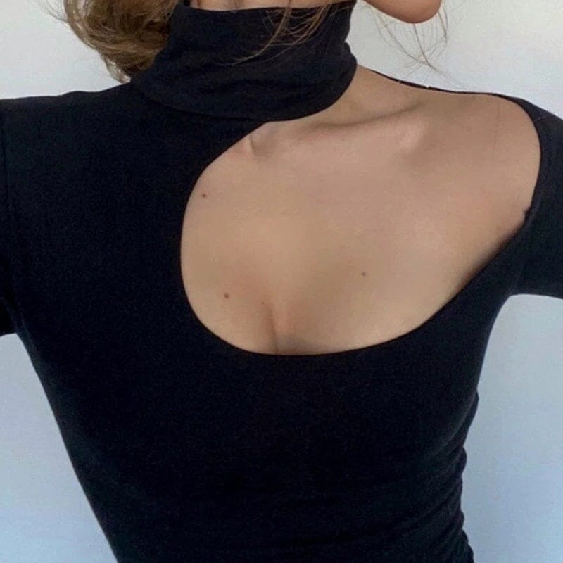 Women Black One shoulder Halter Cut Out Long Sleeve Bodysuit Top_ bodysuit jehouze 