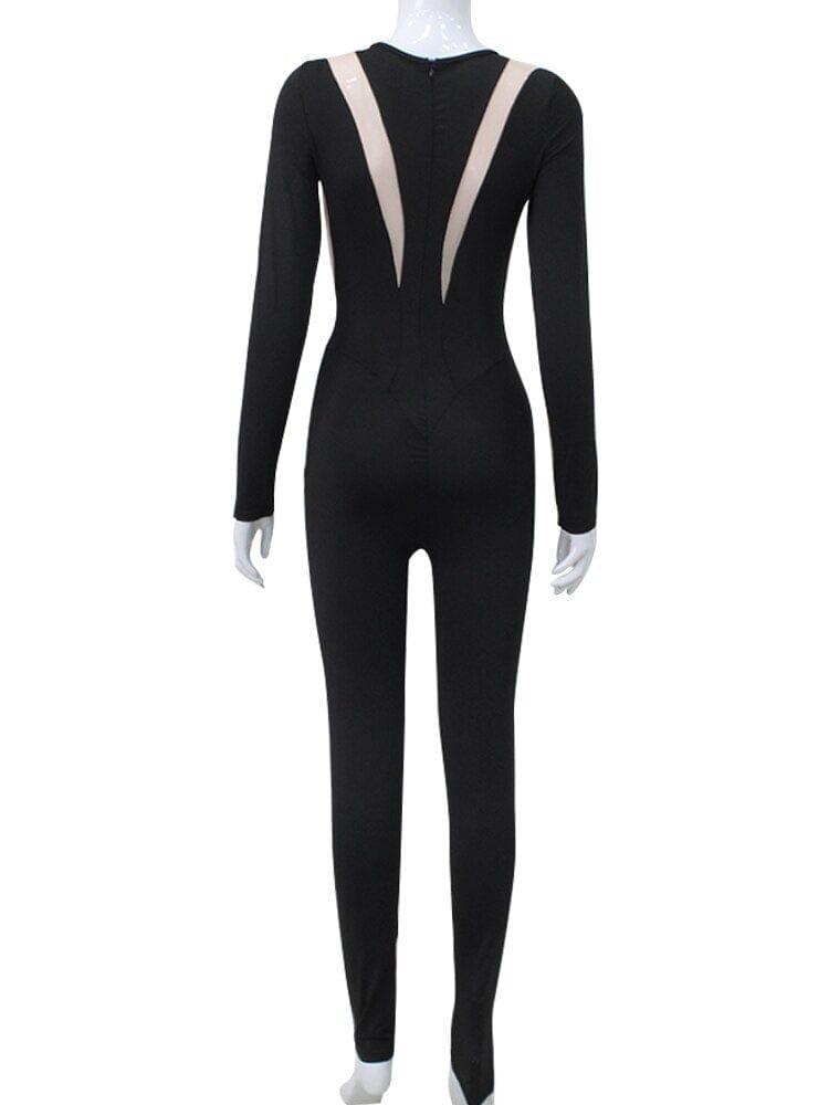Women Black See through Sheer Mesh One piece Crew Neck Long Sleeve Streetwear Overalls Clubwear Jumpsuit_ bodysuit jehouze 