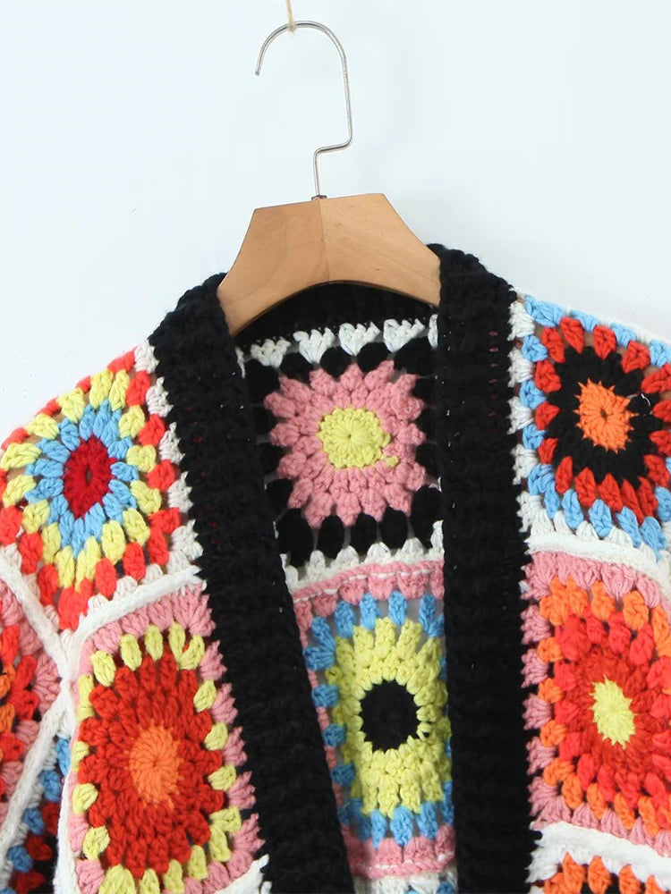 Women Bohemia Colored Geometric Plaid Flower Hand Crochet V Neck Long Lantern Sleeve Open Stitching Knitwear Jumper Short Cardigan Coats & Jackets jehouze 