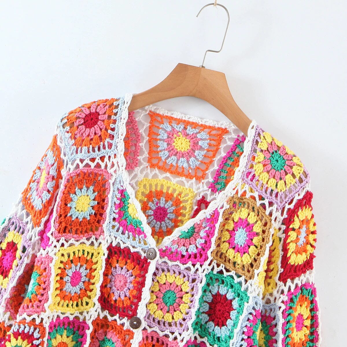 Women Bohemian Hand Crochet Long Sleeve Granny Square Multi Color Crop –  JeHouze.US