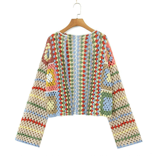 Women Bohemia Colored Vintage Hand Crochet Long Sleeve Open Stitching Knitwear Jumper Crop Cardigan Coats & Jackets jehouze ONE SIZE 