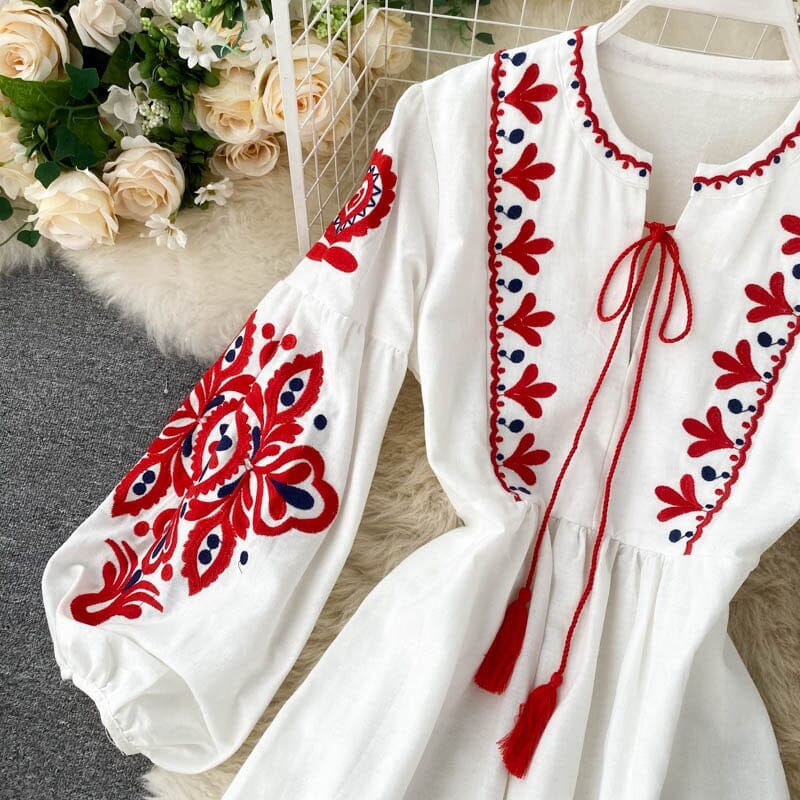 Women Bohemian Embroidered Floral V Neck Tassel Lantern Sleeve Midi Dress_ jehouze 