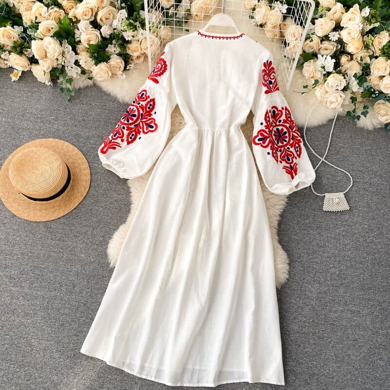 Women Bohemian Embroidered Floral V Neck Tassel Lantern Sleeve Midi Dress_ jehouze 