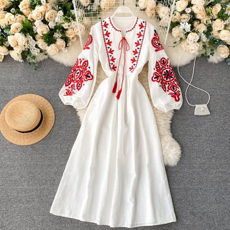 Women Bohemian Embroidered Floral V Neck Tassel Lantern Sleeve Midi Dress_ jehouze White ONE SIZE 