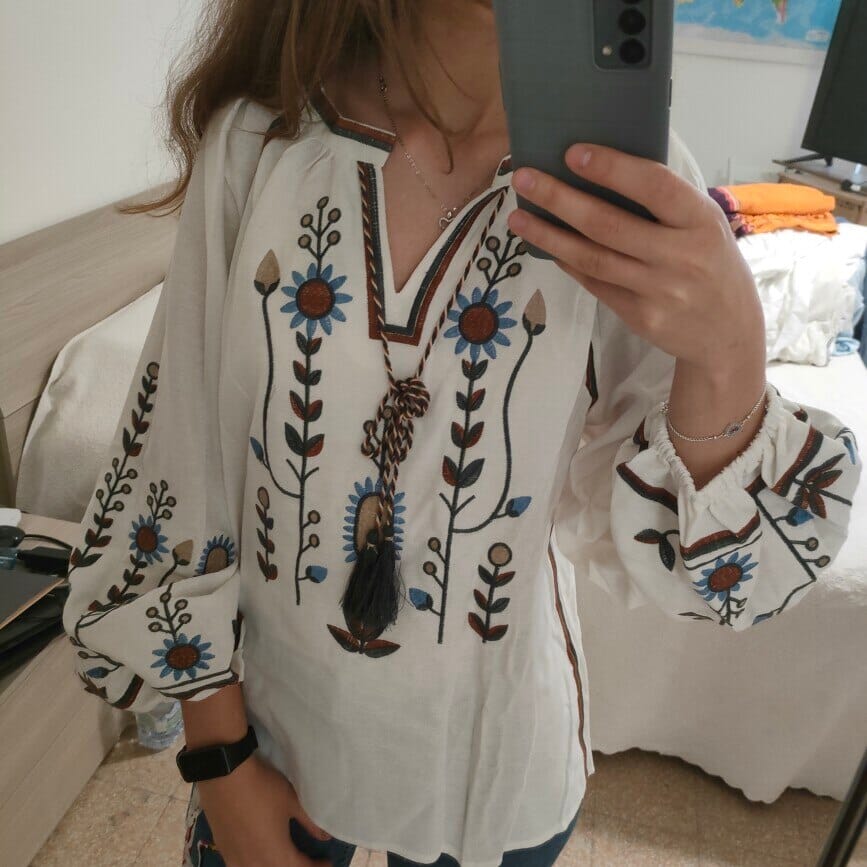 Women Bohemian Embroidered Mexican Bohemian Tops Tassel Long Lantern Sleeve Casual Blouse Tops Shirts & Tops jehouze 