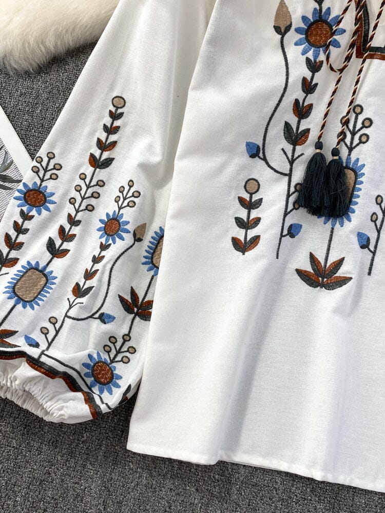 Women Bohemian Embroidered Mexican Bohemian Tops Tassel Long Lantern S