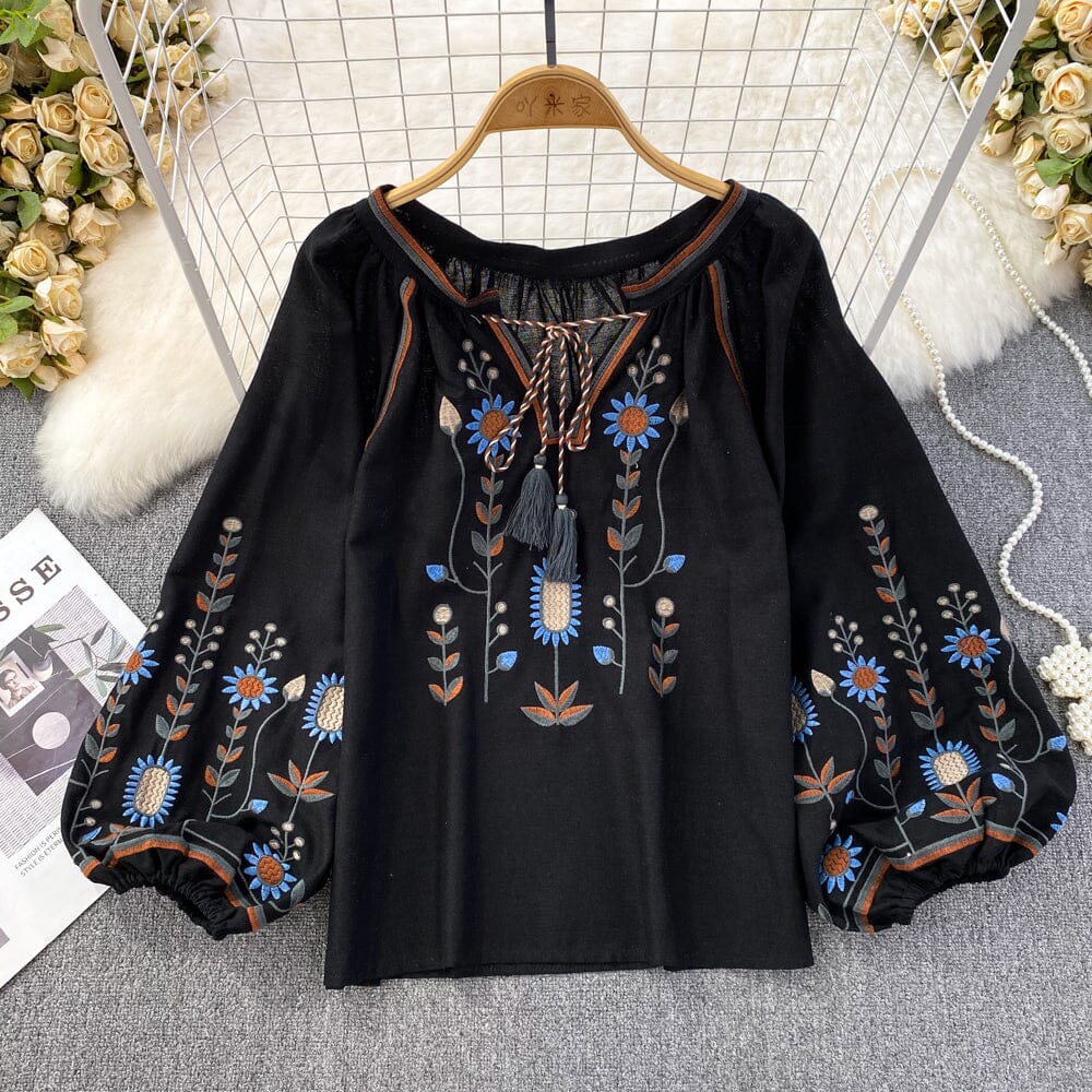 Yyeselk Women's Summer Crew Neck Boho Embroidered Mexican Shirts Keyhole  Bow Tie Short Sleeves Casual Tops Cotton and Linen Blouse Black S
